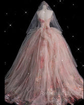 Classy Ball Gown Sweetheart Pink Floral Tulle Long Evening Dress Semi Formal Prom Dresses